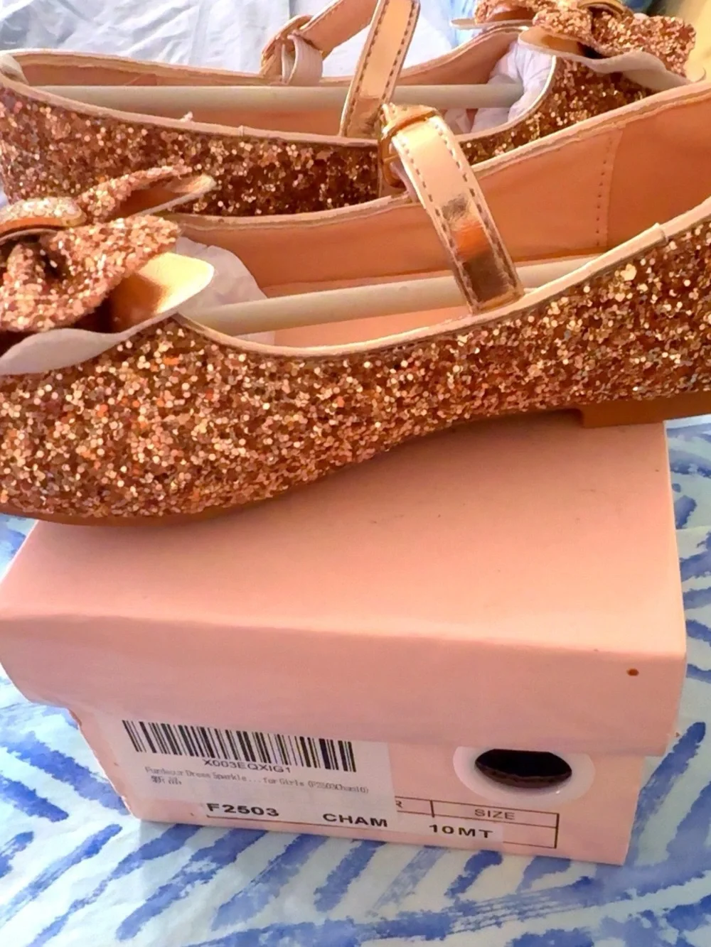 Girls' Glitter Bow Mary Jane Flats - Rose Gold